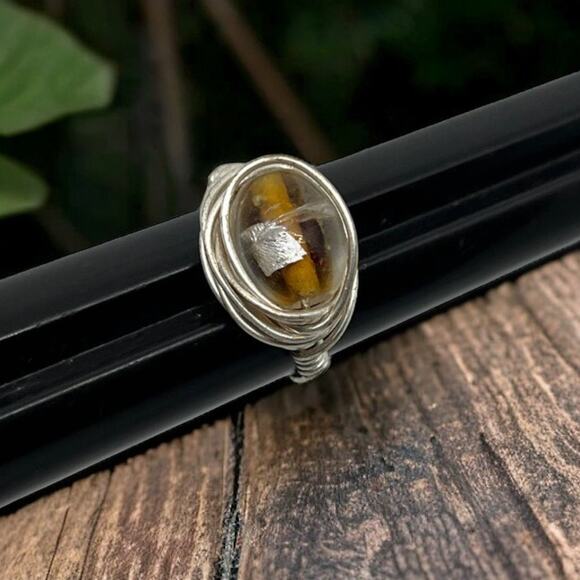 Handcrafted Wire Wrap Amber Glass Ring Silver Tone Nest Design Size 5.5 Boho - Picture 1 of 12